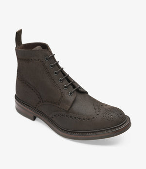 LOAKE Bedale Brogue Suede Boot - Dark Brown Waxy - Angle View